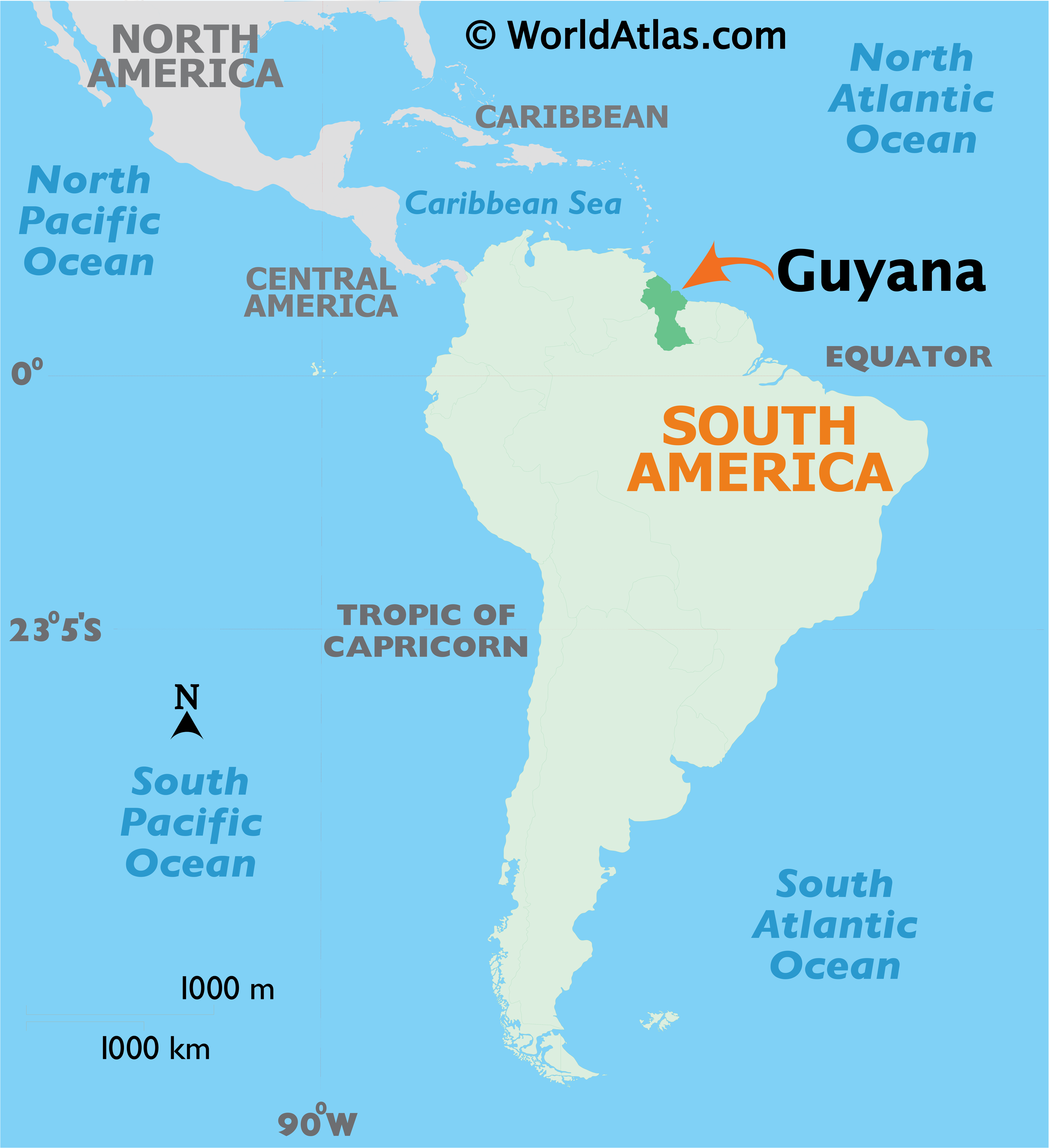 خريطة غويانا و زي ما إنت شايف جغرافياً هي ضمن قارة أميركا الجنوبية.